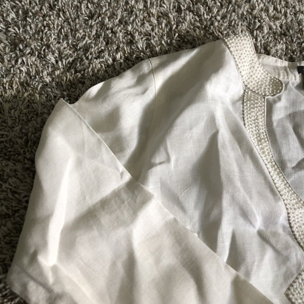Ann Taylor Off White Beaded 100% Linen Long Sleeve V Neck Popover Tunic Top SZ 4 - Picture 4 of 8